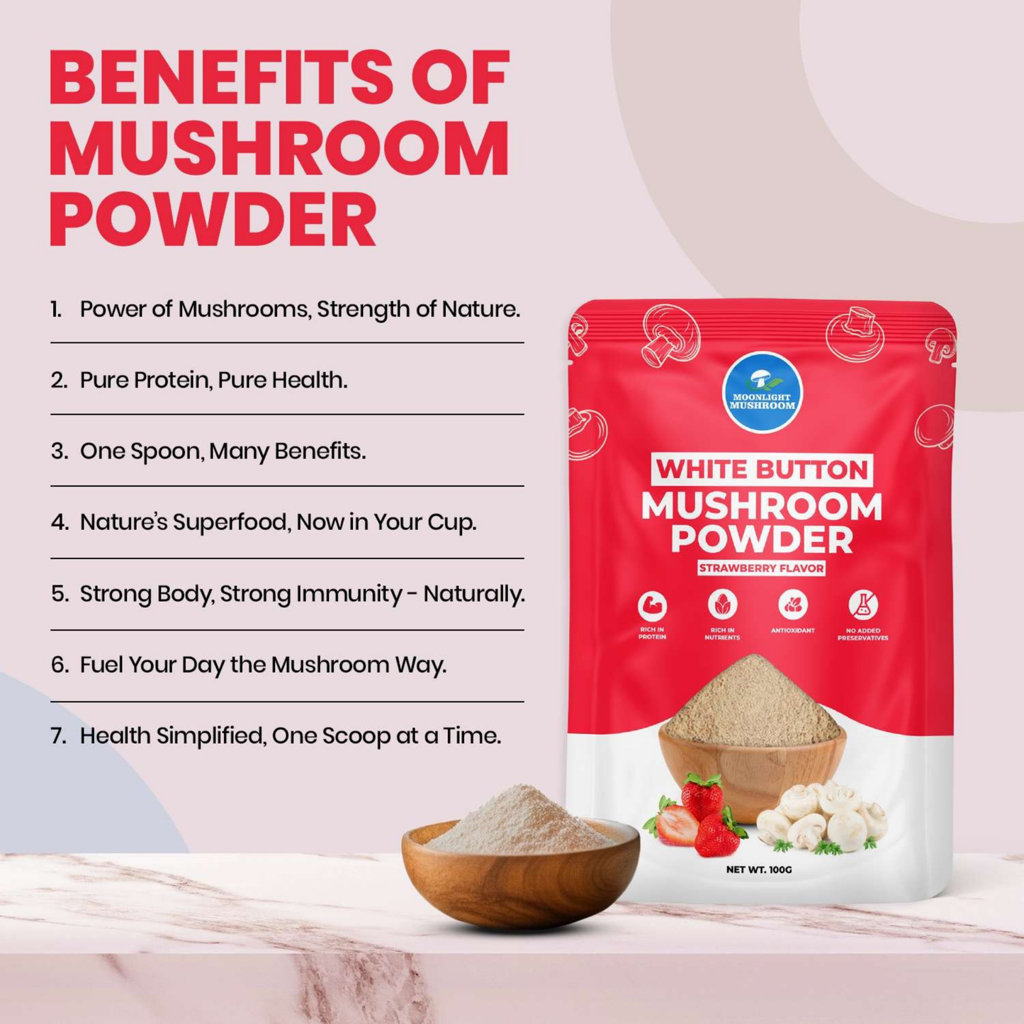 Moonlight Mushroom – Strawberry Flavoured White Button Mushroom Powder